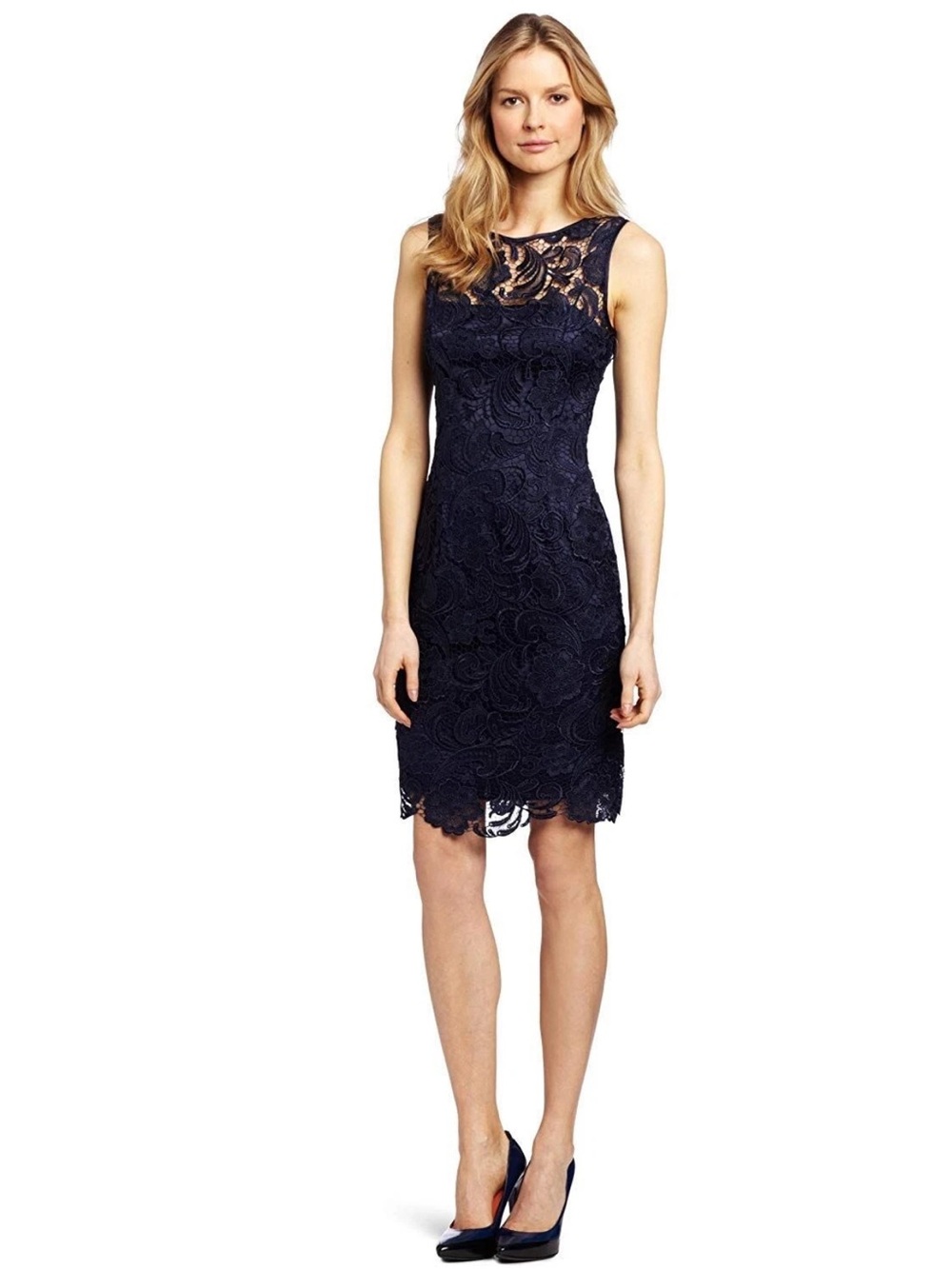Adrianna Papell Women’s Illusion Neckline Lace Dress  Size4 In Navy